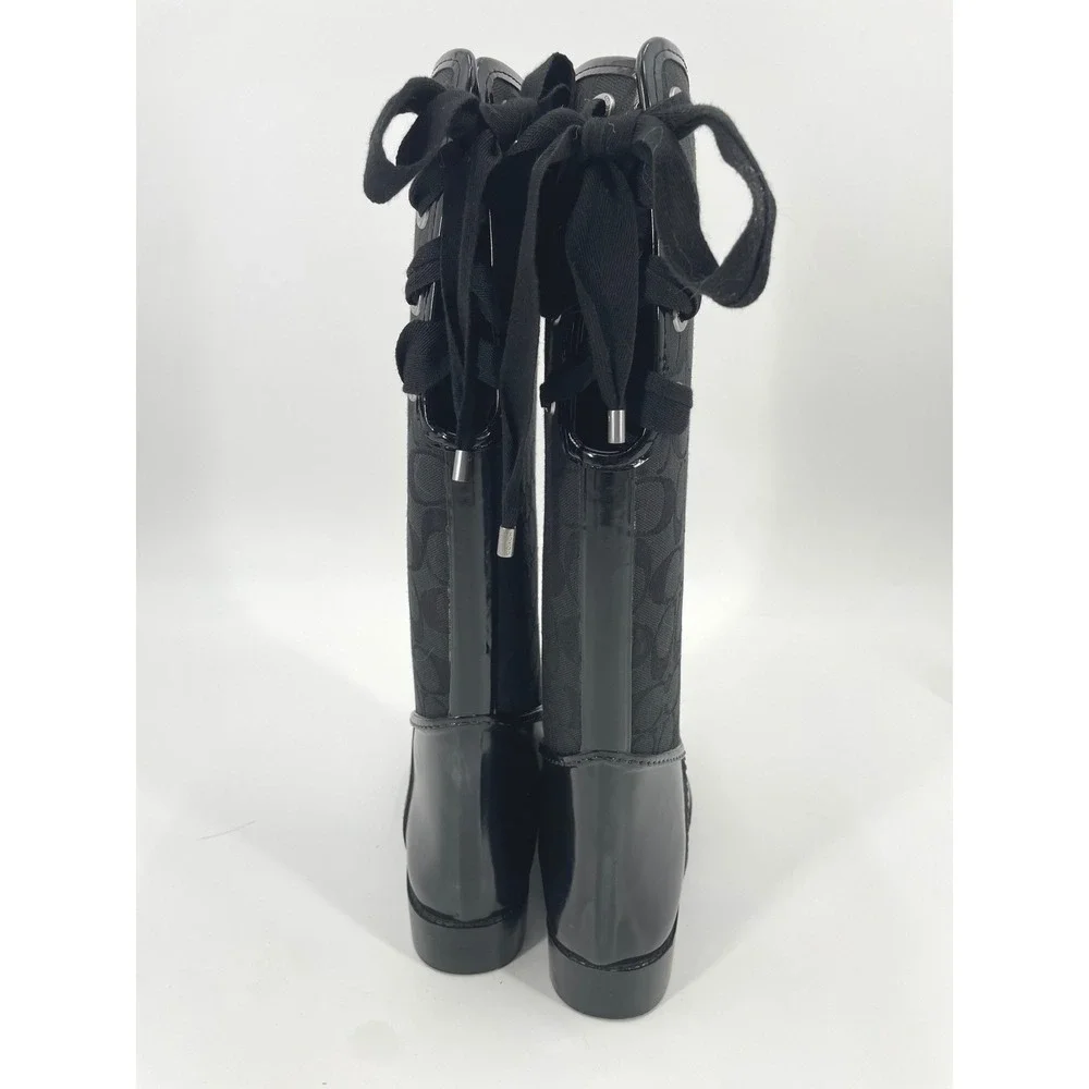 Coach Rain Boots Womens 8 Black Rubber Canvas Monogram Lace Up Tall Luxury